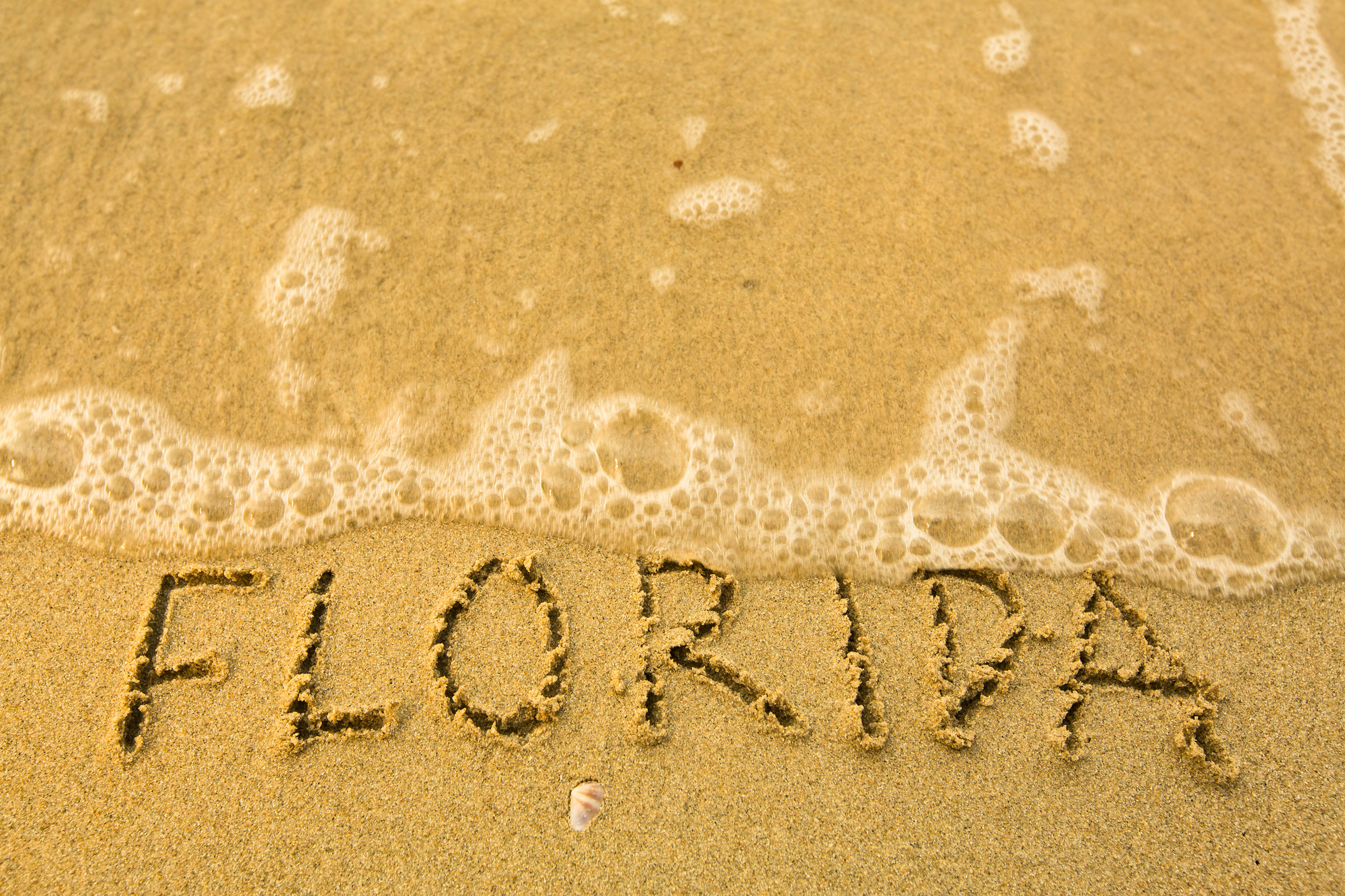 The word Florida written on the sand