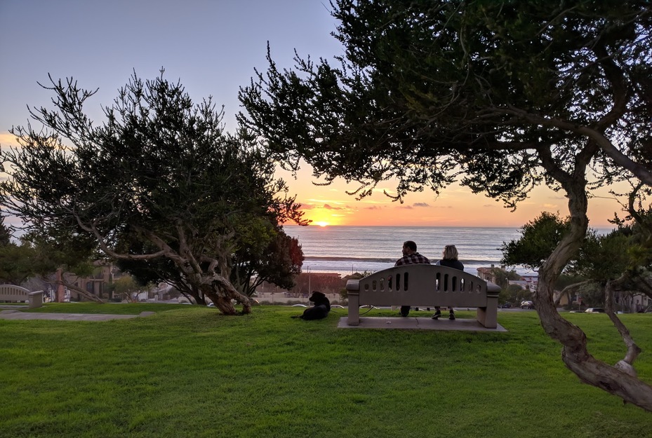Sunset and bench on Bruce's Beach CA
